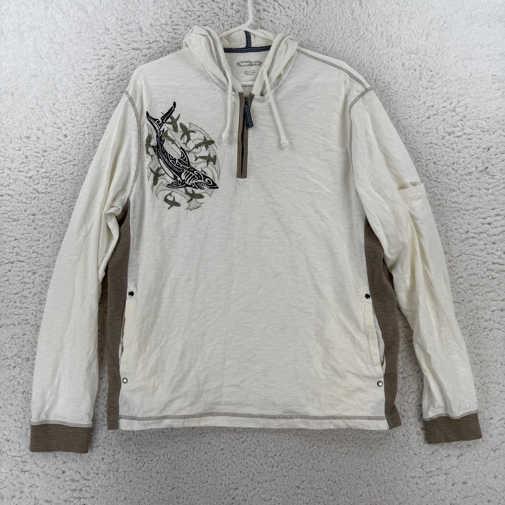 Crazy Shirts Hoodie Mens Large White 1/4 Zip Shark Graphic Pullover Y2K Beach